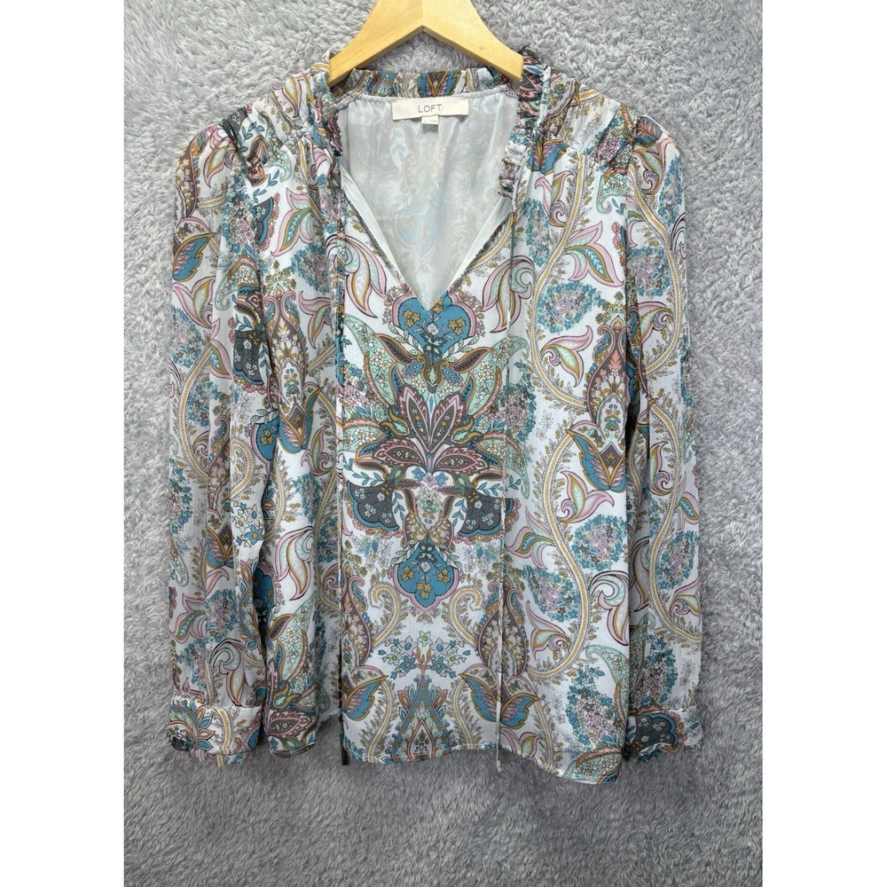 LOFT Womens Medium Paisley Blouse Blue Pink Long Sleeve Ruffle Neck Boho Office